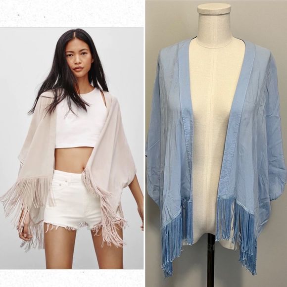 Aritzia Sweaters - Aritzia Talula Fringe Fawkner Blouse Kimono Cover Up Light Blue
